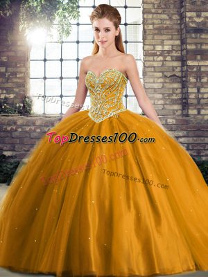 Modest Brown Quince Ball Gowns Tulle Brush Train Sleeveless Beading