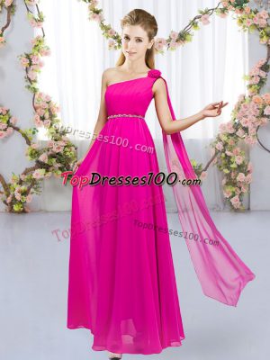 Hot Pink Chiffon Lace Up One Shoulder Sleeveless Floor Length Bridesmaid Dress Beading and Hand Made Flower
