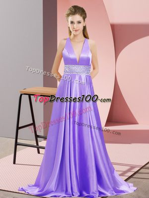 Top Selling V-neck Sleeveless Brush Train Backless Evening Dresses Lavender Elastic Woven Satin