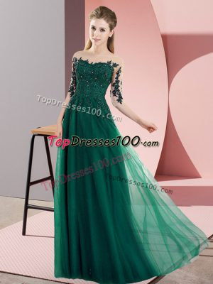 Suitable Dark Green Empire Bateau Half Sleeves Chiffon Floor Length Lace Up Beading and Lace Quinceanera Court Dresses