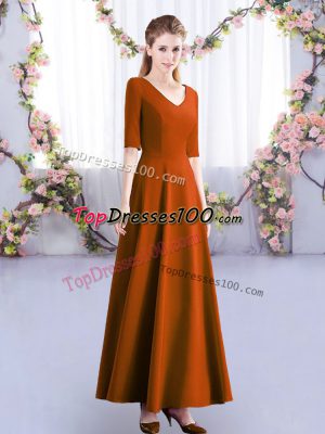 Half Sleeves Ankle Length Ruching Zipper Damas Dress with Rust Red