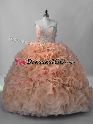 Sweetheart Sleeveless Fabric With Rolling Flowers Quince Ball Gowns Beading Brush Train Lace Up