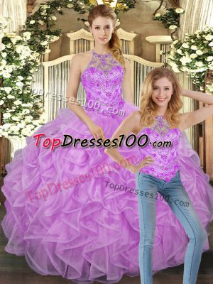 Custom Fit Lilac Lace Up Halter Top Beading and Ruffles Ball Gown Prom Dress Tulle Sleeveless