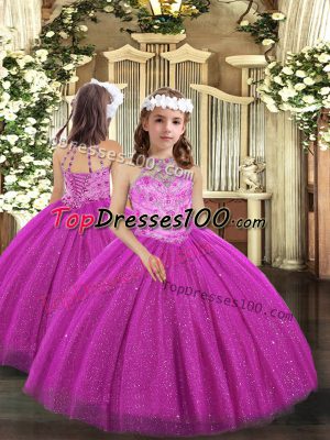 Charming Halter Top Sleeveless Lace Up Winning Pageant Gowns Fuchsia Tulle