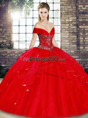 Modest Red Lace Up Vestidos de Quinceanera Beading and Ruffles Sleeveless Floor Length