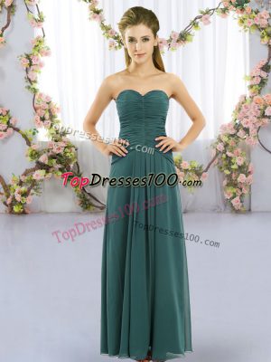 Sweetheart Sleeveless Court Dresses for Sweet 16 Floor Length Ruching Peacock Green Chiffon
