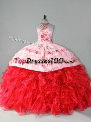 Red Organza Lace Up Sweet 16 Dress Sleeveless Court Train Embroidery and Ruffles