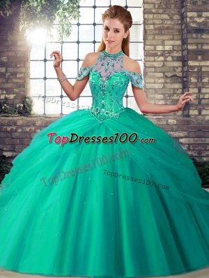 Sophisticated Turquoise Tulle Lace Up Ball Gown Prom Dress Sleeveless Brush Train Beading and Pick Ups