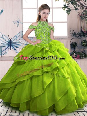 Flare Olive Green Ball Gowns Beading and Ruffled Layers Sweet 16 Dresses Lace Up Organza Sleeveless Floor Length
