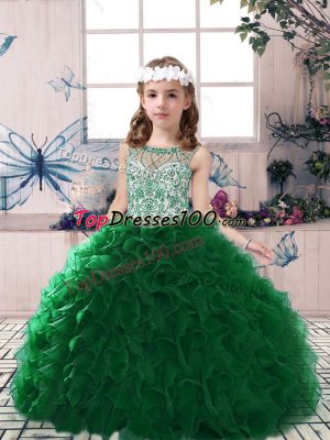 Floor Length Dark Green Kids Pageant Dress Scoop Sleeveless Lace Up