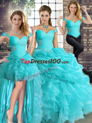 Smart Aqua Blue Organza Lace Up Off The Shoulder Sleeveless Floor Length 15th Birthday Dress Beading and Ruffles and Pick Ups