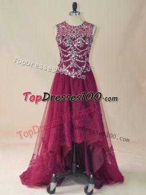 Beautiful Sleeveless High Low Beading and Lace Lace Up Prom Party Dress with Burgundy