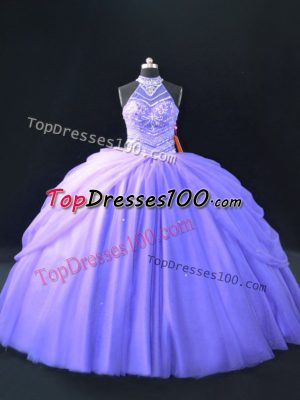 Edgy Lavender Ball Gowns Tulle Halter Top Sleeveless Beading Floor Length Lace Up Vestidos de Quinceanera