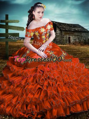 Eye-catching Off The Shoulder Sleeveless Quinceanera Gown Floor Length Embroidery and Ruffles Rust Red Organza