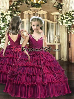 Eye-catching Fuchsia Ball Gowns V-neck Sleeveless Beading and Ruffled Layers Floor Length Backless Kids Pageant Dress