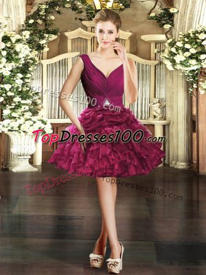 Romantic Burgundy Homecoming Gowns Prom and Party with Beading and Ruffles V-neck Sleeveless Backless
