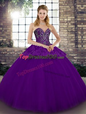Beading and Appliques Quinceanera Dress Purple Lace Up Sleeveless Floor Length