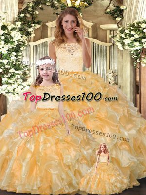 Floor Length Gold Quinceanera Dresses Scoop Sleeveless Clasp Handle