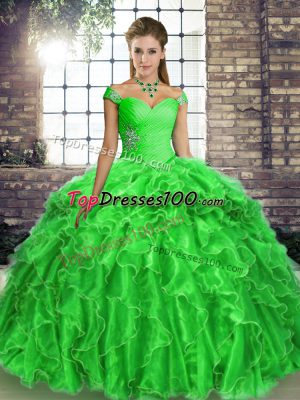 High End Brush Train Ball Gowns Quinceanera Gown Green Off The Shoulder Organza Sleeveless Lace Up