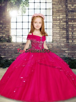 Floor Length Lace Up Little Girl Pageant Dress Fuchsia for Party and Sweet 16 and Wedding Party with Beading