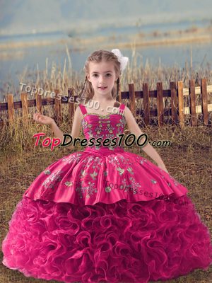 Hot Pink Ball Gowns Embroidery Little Girl Pageant Gowns Lace Up Fabric With Rolling Flowers Sleeveless