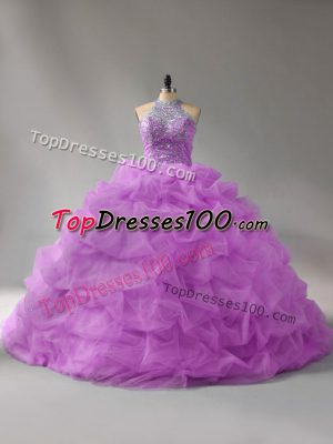 Designer Lilac Organza Lace Up 15 Quinceanera Dress Sleeveless Court Train Beading and Pick Ups