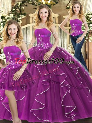 Unique Tulle Strapless Sleeveless Lace Up Beading and Ruffles Quinceanera Dresses in Purple