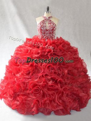 Gorgeous Red Halter Top Lace Up Beading and Ruffles Quinceanera Dress Brush Train Sleeveless