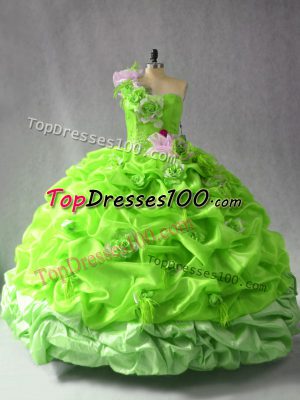 Low Price Organza Sleeveless Floor Length Quinceanera Gown and Ruching and Hand Made Flower