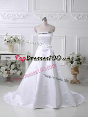 Sleeveless Satin Court Train Lace Up Prom Evening Gown in White with Ruching