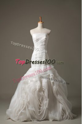 Stylish White Lace Up Strapless Ruching Wedding Dress Fabric With Rolling Flowers Sleeveless Brush Train