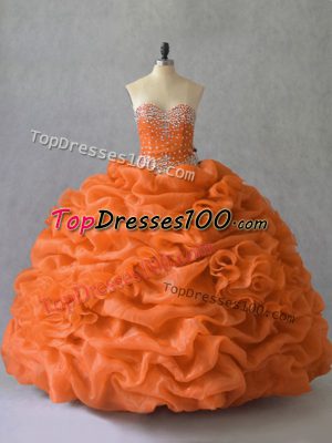 Flirting Sleeveless Organza Floor Length Lace Up Sweet 16 Dresses in Orange with Beading and Pick Ups
