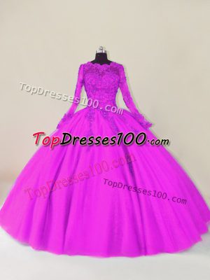 Scalloped Long Sleeves Ball Gown Prom Dress Floor Length Lace and Appliques Purple Tulle