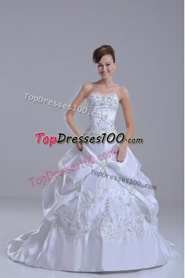 Custom Made White Wedding Gown Wedding Party with Beading and Pick Ups Sweetheart Sleeveless Brush Train Lace Up