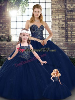 Luxury Sweetheart Sleeveless Lace Up Quinceanera Gowns Navy Blue Tulle