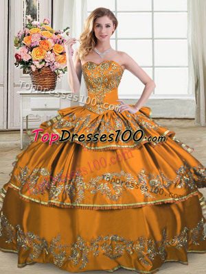 Discount Floor Length Lace Up Quinceanera Gowns Brown for Sweet 16 and Quinceanera with Embroidery and Ruffled Layers