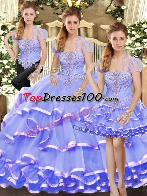 Fabulous Lavender Organza Lace Up 15th Birthday Dress Sleeveless Floor Length Beading and Ruffled Layers