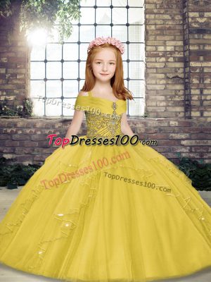 Ball Gowns Little Girls Pageant Gowns Yellow Straps Tulle Sleeveless Floor Length Lace Up