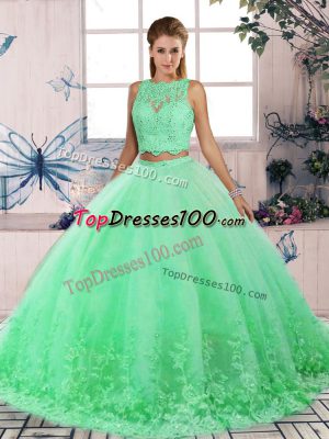 Elegant Turquoise Two Pieces Tulle Scalloped Sleeveless Lace Backless Vestidos de Quinceanera Sweep Train