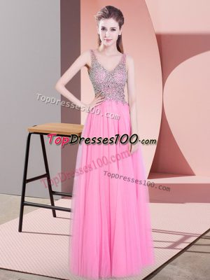 Designer V-neck Sleeveless Dress for Prom Floor Length Beading Rose Pink Tulle