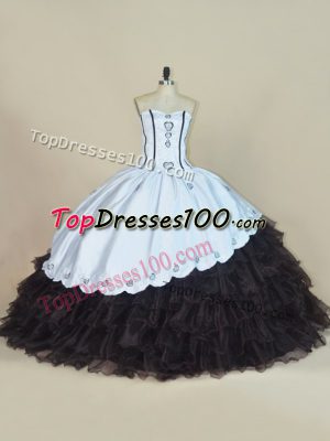 Sumptuous Column/Sheath Sweet 16 Dresses White And Black Sweetheart Satin and Organza Sleeveless Floor Length Lace Up