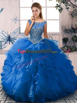 Blue Ball Gowns Beading and Ruffles Quinceanera Dresses Zipper Organza Sleeveless Floor Length