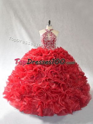 Edgy Red Vestidos de Quinceanera Halter Top Sleeveless Brush Train Lace Up