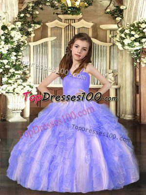 Floor Length Lace Up Pageant Gowns For Girls Lavender for Party and Sweet 16 and Wedding Party with Ruffles