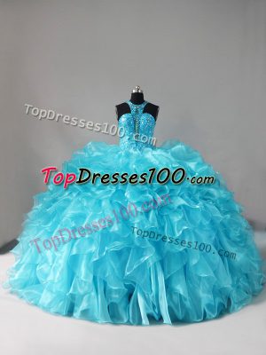Amazing Aqua Blue Ball Gowns Organza Halter Top Sleeveless Beading and Ruffles Lace Up Quinceanera Gown Brush Train