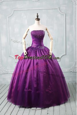 Delicate Purple Lace Up Strapless Beading 15th Birthday Dress Organza Sleeveless