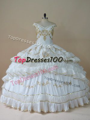 Custom Made White Off The Shoulder Neckline Beading and Embroidery Ball Gown Prom Dress Sleeveless Lace Up