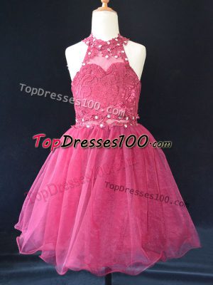 Hot Pink Halter Top Neckline Beading and Lace Little Girls Pageant Dress Sleeveless Lace Up