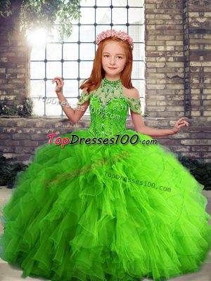 Excellent Tulle Halter Top Sleeveless Lace Up Beading and Ruffles Glitz Pageant Dress in
