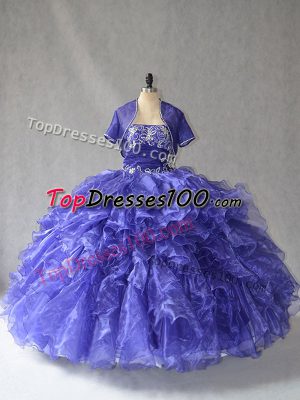 Gorgeous Blue Organza Lace Up Strapless Sleeveless Floor Length Vestidos de Quinceanera Beading and Ruffles